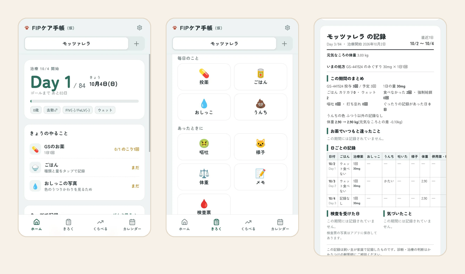 FIPケア手帳の3つの画面。治療Day数ときょうのやることを表示するホーム画面、9つの記録ボタンが並ぶきろく画面、期間のまとめと日ごとの記録表を載せた通院用サマリー