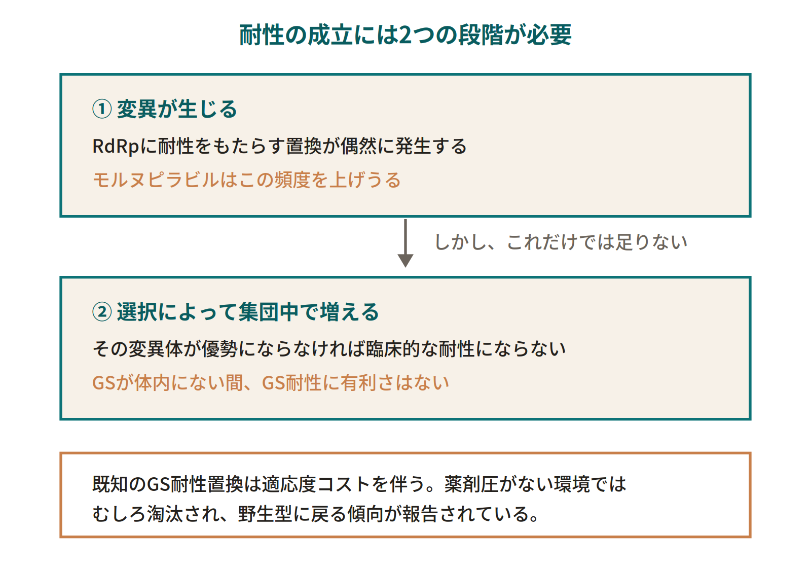 薬剤耐性が臨床的に成立するには、変異の生成と選択による濃縮という2つの段階が必要であることを示す図